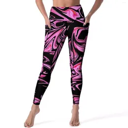 Leggings pour femmes Pantalons de yoga en marbre Poches Rose et Noir Liquide Sexy Push Up Collants de sport de mode Design extensible Leggins d'entraînement