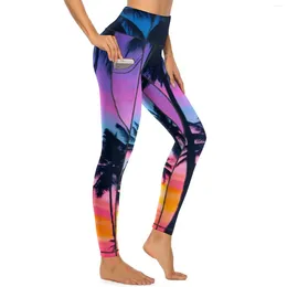 Leggings pour femmes Miami Sunset Sexy Palmiers Imprimer Taille haute Pantalon de yoga Doux Stretch Leggins Femmes Custom Fitness Sports Collants