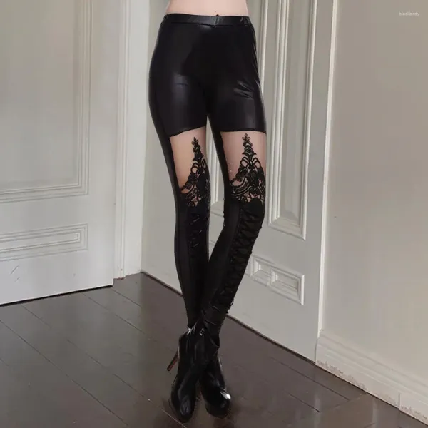 Leggings de mujer de tiro medio transparente bordado encaje costura pantalones ajustados vendaje cruzado pantalones de piel sintética Sexy largo