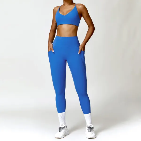 Leggings para mujer MODITIN Gym Set para mujeres 2023 Invierno en cintura alta Pantalones ajustados sin costuras Sexy Hollow Back Bra Tops Colores bonitos