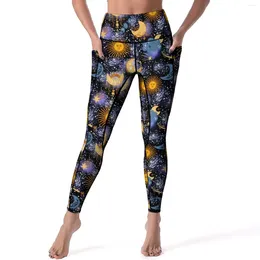 Dames leggings maan sterren zon sexy celestial magical push up yogabroek schattige rekbare leggins dames fitness lopende sport panty's