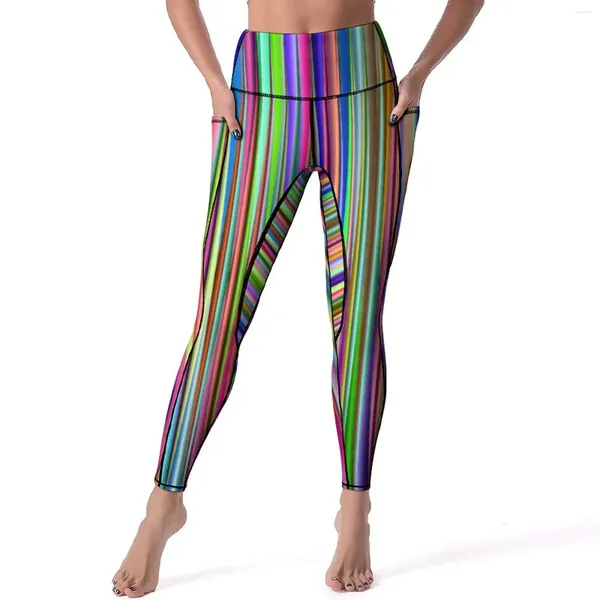 Leggings pour femmes Rayures multicolores Lignes colorées Imprimer Pantalon de yoga de course Push Up Leggins respirants Collants de sport personnalisés élastiques