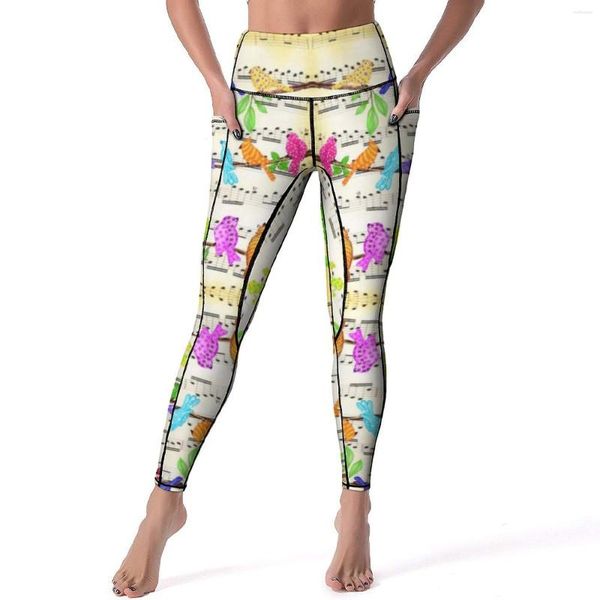 Mallas con estampado de pájaros musicales para mujer, pantalones de Yoga sexys con animales bonitos, mallas deportivas elásticas de cintura alta, mallas personalizadas para mujer