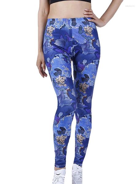 Leggings Femmes Nducjsisété Tissu léger Femmes Bleu Imprimer Casual Courir Fitness Taille Haute Stretch Sweat Absorbant Pantalon de Cheville