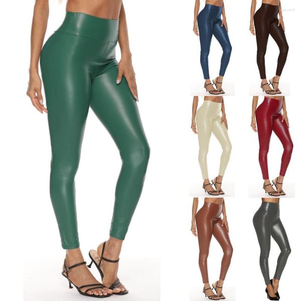 Mallas de mujer, pantalones de cuero PU, pantalones elásticos de cintura alta para mujer de Europa y América, medias sexis para otoño e invierno, pantalones cálidos