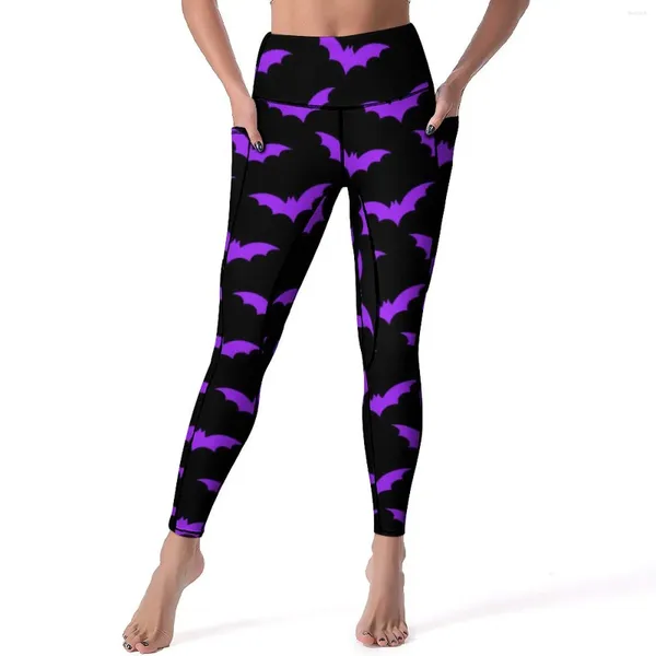 Leggings pour femmes Violet Bats Imprimer Noir Halloween Fitness Pantalon de yoga Taille haute Funny Leggins Élastique Graphique Collants de sport Grande taille