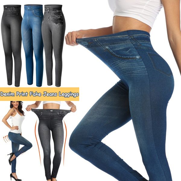 Leggings pour femmes Push Up sans couture taille haute Faux Denim Leggings femmes décontracté élastique poche jean imprimé pantalon maigre crayon Leggins Mujer 230309