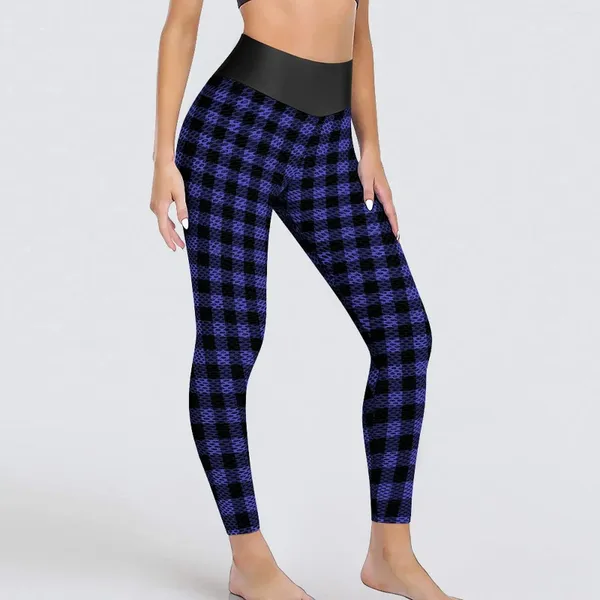 Leggings de mujeres Retro Gingham Pantalones de yoga Mujeres Negras y moradas Sexy alta cintura lindas medias deportivas diseño elástico gimnasio Leggins