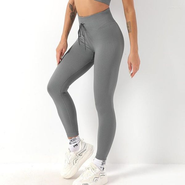 Leggings femme côtelé sans couture pantalons de Yoga taille haute Gym femmes cordon Sport Fitness ventre contrôle course entraînement collants