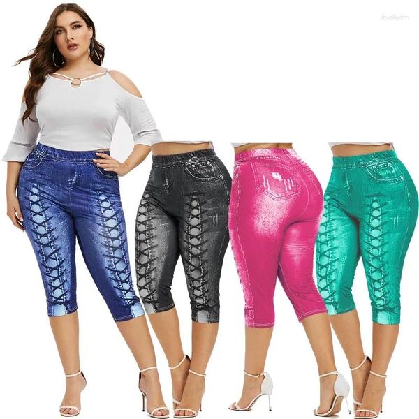 Leggings Femmes Rosegal Plus Taille Mi-mollet 3D À Lacets Jean Imprimer Taille Haute Capri Pantalon Été Mode Yoga Sport Pantalon Mujer