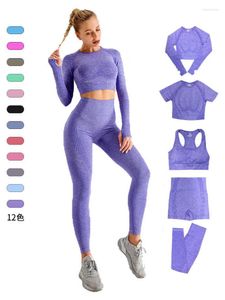 Mallas de mujer, traje de Yoga sin costuras, Top de Fitness, manga larga para mujer, ejercicio de Jacquard, pantalones ajustados de cintura alta para levantar la cadera, chica Sexy