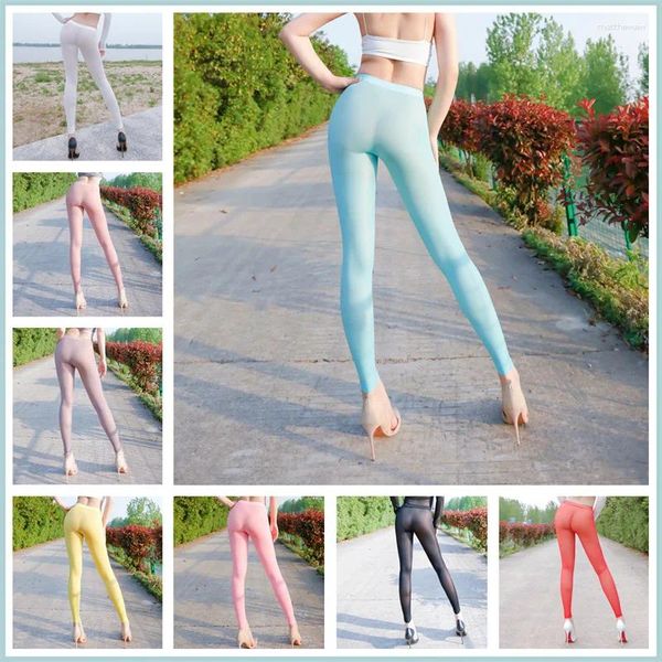 Leggings de mujer Ver a través de mujer Gimnasio Ajuste Pantalones de seda de hielo Sexo al aire libre Ropa súper delgada transparente Calzoncillos Bragas para pareja