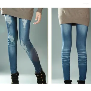 Leggings de Mujer Sexy Astic imitación Jeans pantalones de cintura alta Fitness deporte moda agujero tipo impresión imitación Denim pierna delgada Mujer