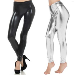 Leggings femme Sexy taille haute brillant humide aspect liquide simili cuir métallisé extensible noir argent pantalon de danse Disco Leggins