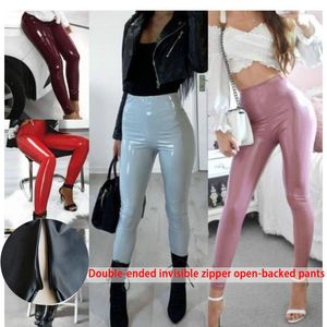 Leggings pour femmes Sexy Hip Lifting Pantalon en cuir brillant Invisible Ouvert Entrejambe Grande Mince Gaine Maigre Pu