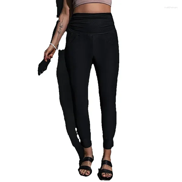 Dameslegging Shi Ying Zwart hoge taille geplooide zakbodembroek Casual crop 761211