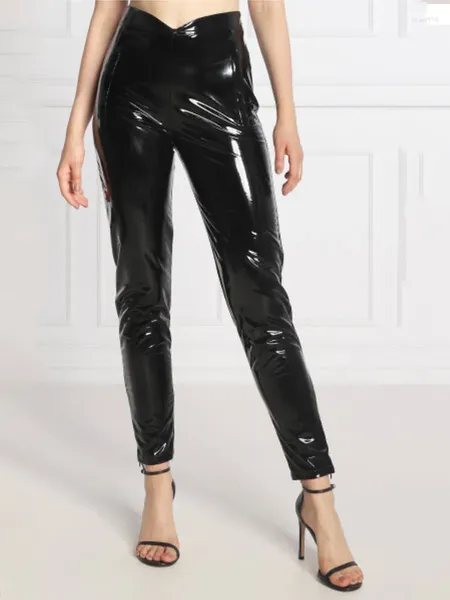 Leggings pour femmes Pantalons en cuir verni brillant Femmes V Taille Sexy Faux Latex Recadrée Dames Noir Stretch Slim PVC Pantalon Clubwear Personnalisé