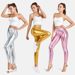 Leggings Femmes Brillant Femmes Métallique Candy Couleur Fitness Pantalon PU Slim Sport Pantalon Sexy Dancing Party Jeggings Dames Yoga Fit