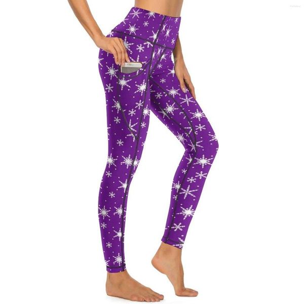 Leggings pour femmes Flocon de neige Hiver Sexy Violet Blanc Fitness Pantalon de yoga Taille haute Collants de sport extensibles Poches Vintage Graphic Leggins