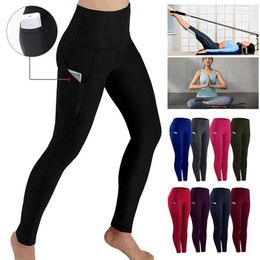 Leggings deportivos para mujer, cintura alta, Fitness, con bolsillos, mallas, pantalones de Yoga sin costuras para gimnasio