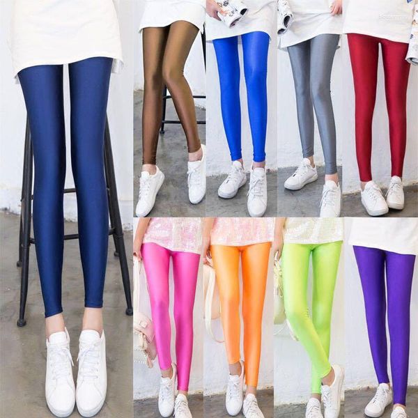 Leggings femme printemps et été brillant mince taille haute coupe ajustée petits pieds neuf points grand pantalon pantalon Fluorescent