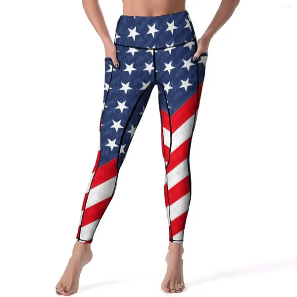 Leggings de mujeres Estrella Flagal Pirnt Sexy USA 4 de julio Día de la Independencia Pantalones de yoga Kawaii Leggins Elástico Diseño de mujeres