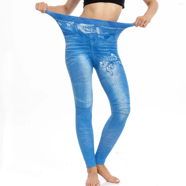 Leggings pour femmes élégant papillon imprimé en faux denim push up up sexy pantalon skinny élastique