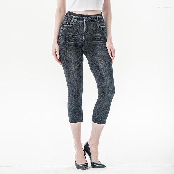 Leggings de mujer Verano Cintura alta Ropa de mujer Negro Impreso Imitación Denim Capris Elástico Delgado Lápiz Pantalones 3XL