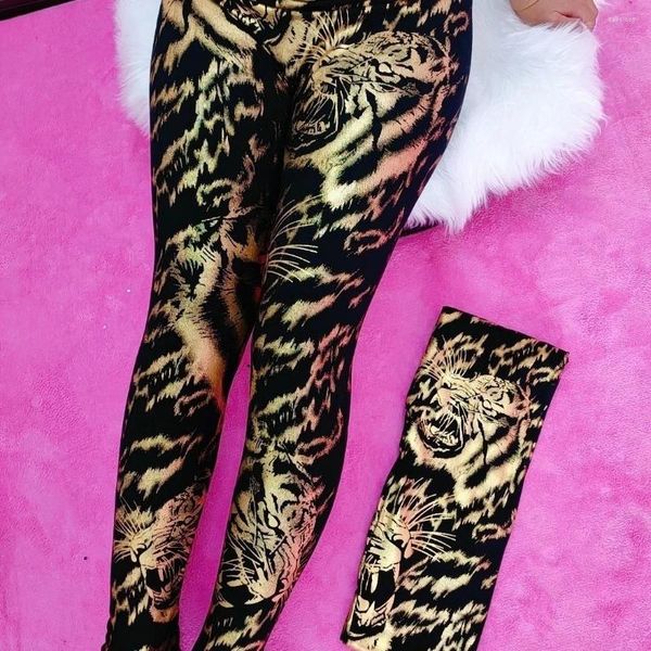 Leggings de mujer Verano Primavera Negro Tigre dorado Pantalones finos de lentejuelas Cintura alta Pantalones lápiz de talla grande