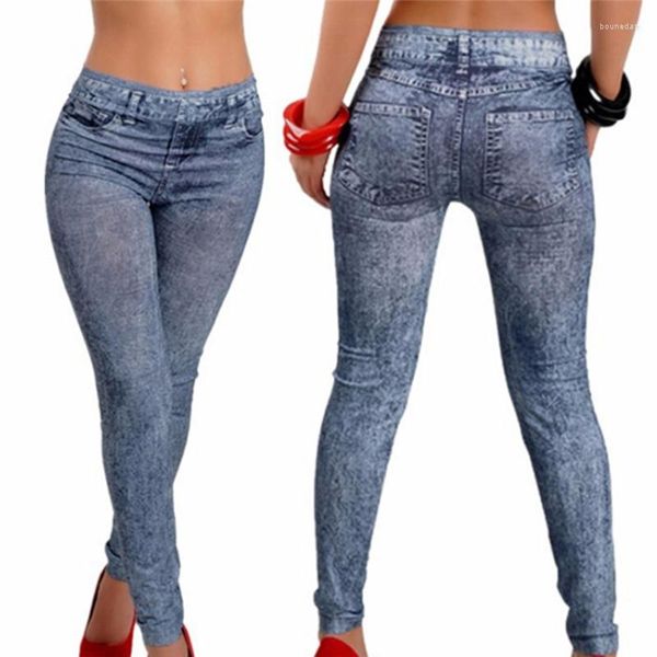 Leggings pour femmes été mince maigre Faux Denim Jeans femmes Long crayon pantalon avec poche Slim bleu noir Fitness Leggins vente articles