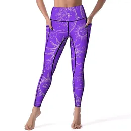 Leggings pour femmes Sun Moon Stars Sexy Vintage Pantalon de yoga d'entraînement céleste taille haute Collants de sport élastiques Poches Leggins personnalisés drôles