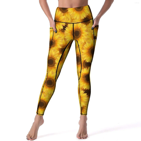 Leggings pour femmes imprimé tournesol nature fleur fitness course pantalons de yoga push up doux leggins design extensible collants de sport cadeau