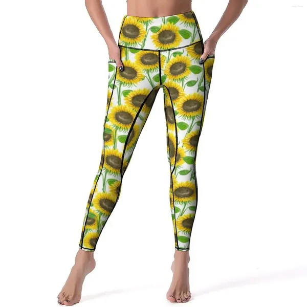 Leggings pour femmes, aquarelle de tournesol, Sexy, feuilles de fleurs naturelles, taille haute, pantalon de Yoga, Kawaii, séchage rapide, imprimé dame