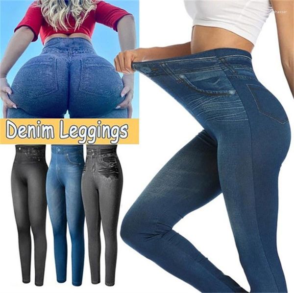 Leggings de mujer Super alto estiramiento imitación Denim cintura adelgazante Jeans mujeres Casual pantalones elásticos de tubo Push Up Jeggings
