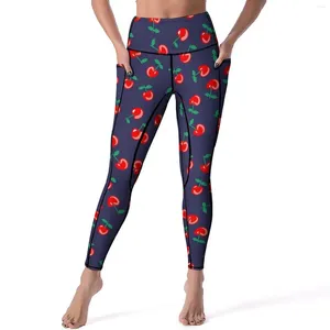 Leggings de mujeres Cerezas dulces Pantalones de yoga con bolsillos Red Fruit estampado Sexy Empujado Up Casual Legging Leggins Running Leggins