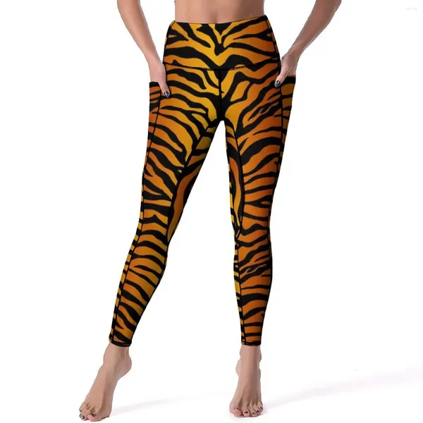 Leggings pour femmes Tiger Stripes Pantalon de yoga jaune Sexy Animal Imprimer Graphique Push Up Entraînement Gym Leggins Femmes Élégant Sport Legging