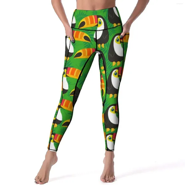 Leggings de mujer Tucán Aves Pantalones de yoga Hojas verdes Tropical Sexy Cintura alta Medias deportivas Diseño elástico Entrenamiento Gimnasio Leggins