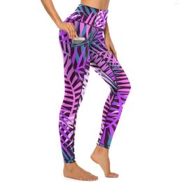 Leggings pour femmes Pantalon de yoga à la mode Plante Sexy Feuilles de palmier tropicales imprimées Taille haute Courir Leggins Femme Rétro Stretch Sports Collants