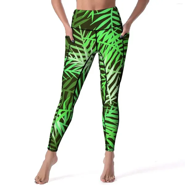Leggings de mujer Pantalones de yoga de plantas tropicales Sexy Hojas de palma Gráfico Cintura alta Leggins para correr Señora Casual Medias deportivas elásticas