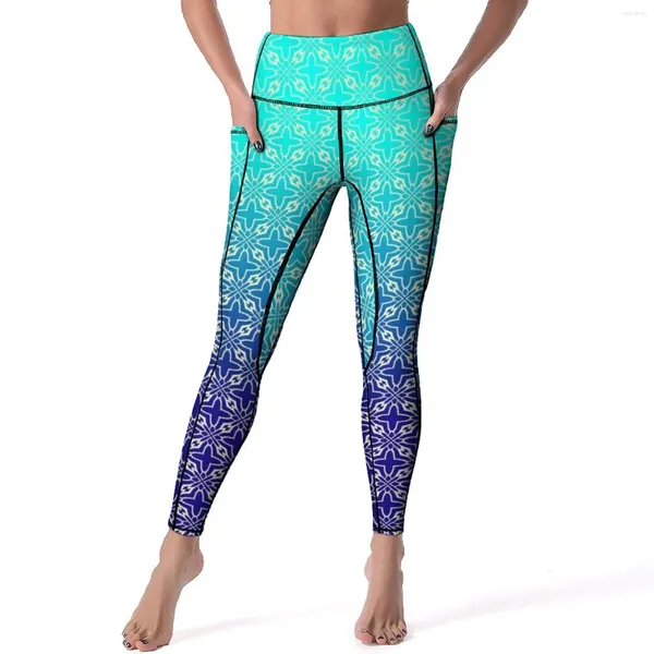 Leggings pour femmes Deux tons Pantalon de yoga bleu clair Sexy Moyen Star Tile Motif Design Taille haute Entraînement Leggins Femme