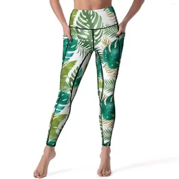 Leggings pour femmes Variété de couleurs métalliques Pantalons de yoga Poches Feuille de palmier verte Sexy Push Up Collants de sport décontractés Séchage rapide
