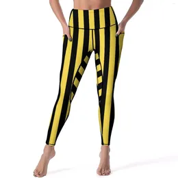 Dameslegging Verticaal gestreept Sexy Zwart en geel Gym Yoga broek Hoge taille Stretch Sportlegging met zakken Schattig Aangepaste leggings