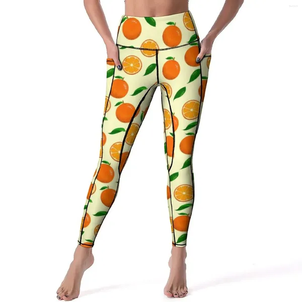 Leggings pour femmes Oranges vibrantes Sexy Feuille de fruits Imprimer Fitness Gym Pantalon de yoga Push Up Collants de sport extensibles Poches Leggins élégants