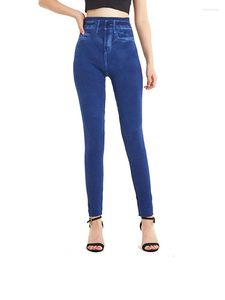 Leggings VIIANLES para mujer, suaves, cómodos, de alta elasticidad, color azul sólido, pantalones vaqueros de imitación, pantalones capri estampados, pantalones informales de calle