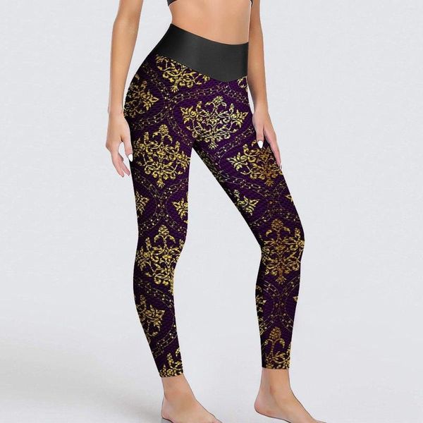 Leggings pour femmes Vintage Damask Sexy Purple et Gold Push Up Pantalon de yoga respirant à séchage rapide Leggins Design Fitness Gym Collants de sport