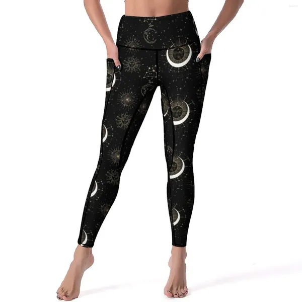 Leggings para mujer, símbolo vintage, sexy, sol, luna, estrellas, estampado, pantalones de yoga para gimnasio, mallas deportivas elásticas de cintura alta, leggins gráficos novedosos