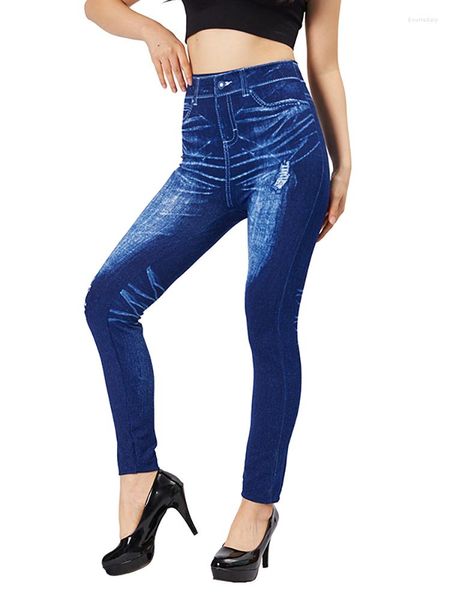 Leggings de mujer VISNXGI talla grande cintura alta pantalones de pitillo vaqueros falsos mujeres azul imitación impreso profundo agujero estiramiento Jeggings