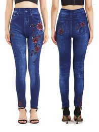 Leggings femme VISNXGI printemps rouge imprimé fleuri femmes taille haute jegging doux décontracté faux jean grande taille extensible Denim pantalon