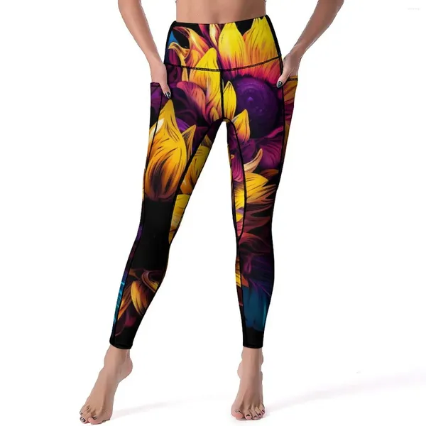 Leggings pour femmes Aquarelle Tournesol Sexy Fleurs colorées Push Up Pantalon de yoga Respirant Stretch Leggins Femmes Entraînement Collants de sport