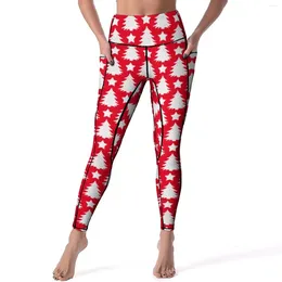Leggings femme blanc arbre de Noël étoiles imprimé pantalon de yoga de gymnastique Push Up Kawaii Leggins Stretch graphique collants de sport idée cadeau